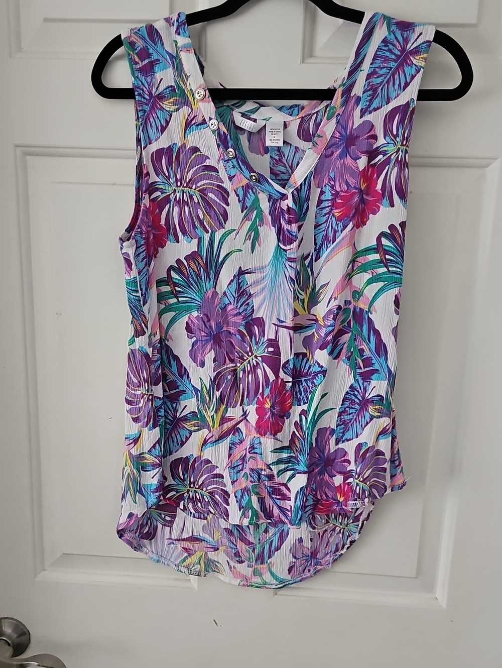 Sleeveless Floral Tropical Print Tank Top - Purple/Teal